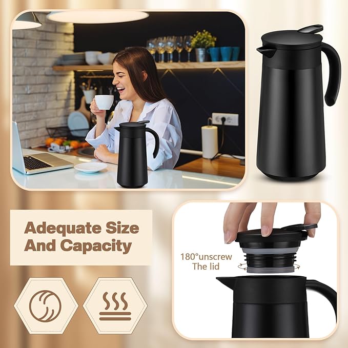2 Pcs 27oz Thermal Coffee Carafe Stainless Steel Coffee Pot for Keeping Hot/cold Insulated Double Walled Vacuum Tea Pot with Press Button Drink Beverage Dispenser for Milk Tea(Black)