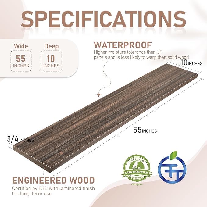 Kaboon 55 inch Long 10 inch Deep Floating Shelves for Wall Set of 2, Large Open Shelves Wall Mounted, Space Saving Home and Commercial Use, Eucalyptus