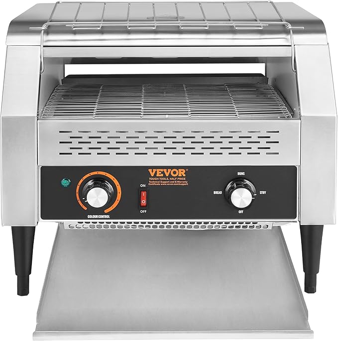 VEVOR 1770W Commercial Conveyor Toaster, 450 Slices per Hour, Heavy Duty Electric Toaster Oven, Food-Grade 304 Stainless Steel Conveyor Belt, Dual Knob Control, for Restaurant Bakery Bread Bagel Bun