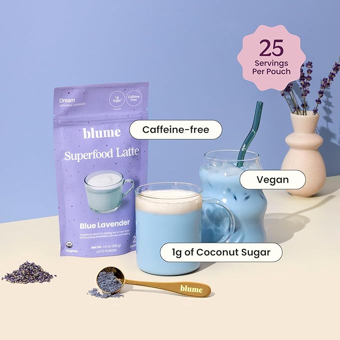 Blume Matcha & Blue Lavender Starter Pack - Organic Superfoods Booster for Lattes, Coffee & Smoothies - Vegan, Sugar and Gluten Free - Includes Frother - 50 Servings