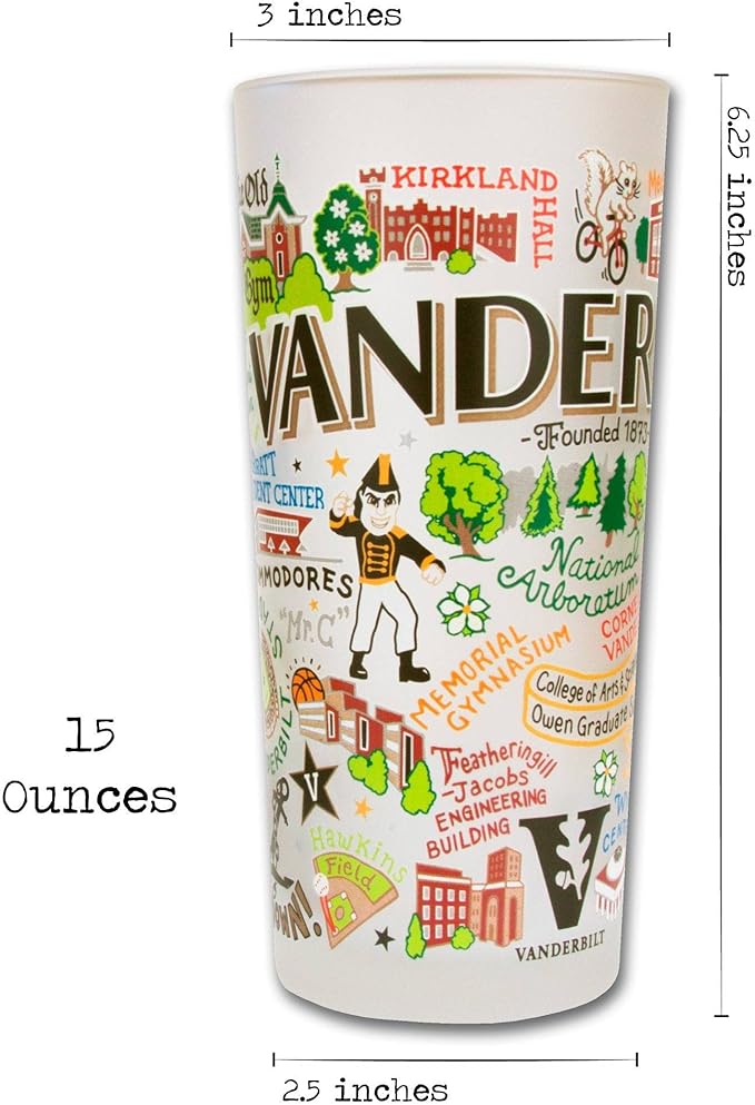 Catstudio Drinking Glass, Vanderbilt University Glass Cup for Kitchen, 15oz Dishwasher Safe Tumbler for VU Alumni