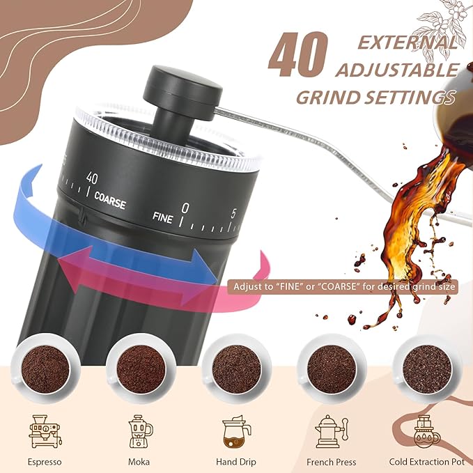 Manual Coffee Grinder with 40 External Adjustments, 30g Capacity Hand-Crank Bean Mill, Compact Conical Burr Grinder for Espresso, Pour Over, French Press, Travel/Camping/Office