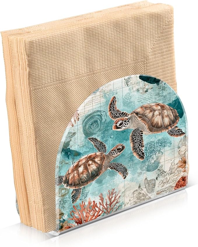 Vintage Ocean Sea Turtle Map Napkin Holder for Table Paper Cocktail Napkin Holders for Kitchen Dinning Acrylic Dinner Napkin Dispenser for Dinner Home Decor Bar 1 Pack