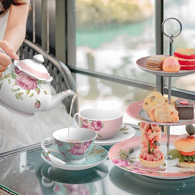 London Boutique Tea Cup and Saucer Set 1 Afternoon Tea Set New Bone China Vintage Flora Gift Box 200m (Turquoise)
