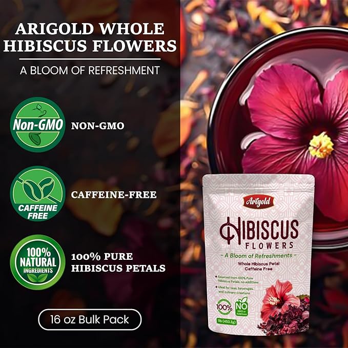 Arigold Pure Whole Petals Hibiscus Tea 1lb – Dried Hibiscus Flowers, Flor de Jamaica, Hibiscus Sabdariffa, Bissap, Sorrel, hibiscus tea loose leaf Herbal Tea for Agua Fresca, Cocktails, Iced Tea & Hot Tea | Caffeine-Free & Rich in Antioxidants.
