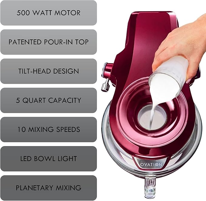 Kenmore 500W Oviation Stand Mixer - 10 Speed Mixing, Tilt-Head, 5QT Handheld Glass Bowl With Pouring Top Splash Guard, Flat Beater, Whisk, Dough Hook Attachments Countertop Kitchen Appliance, Red