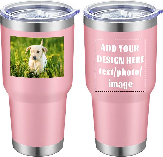 MEWAY Personalized Custom 30oz Stainless Steel Tumbler with Lid, Insulated Double Wall Vacuum Travel Coffee Tumbler Gifts with Text Photo Logo (Pink, 1pack)