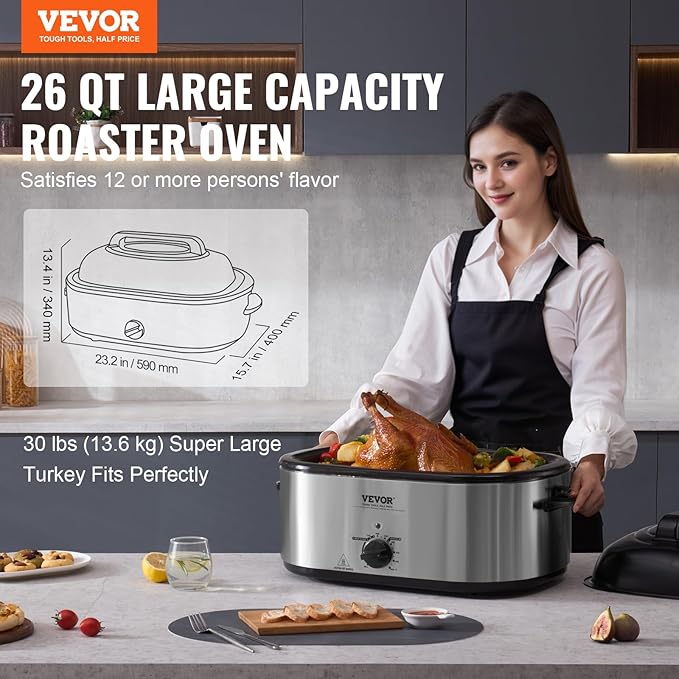 VEVOR Electric Turkey Oven, 26 QT Capacity with Auto-Basting Cover, 1450W, Features Defrost & Keep Warm Settings, Temperature Control, Includes Detachable Pan & Rack, Accommodates Up to 30LBS Turke