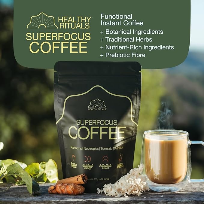Healthy Rituals SuperBlend Instant Coffee Powder with Lion’s Mane Mushroom, MCT Oil, L-Theanine, Turmeric, Prebiotic Fiber and L-Carnitine, for a Smooth Coffee Ritual, 150 g