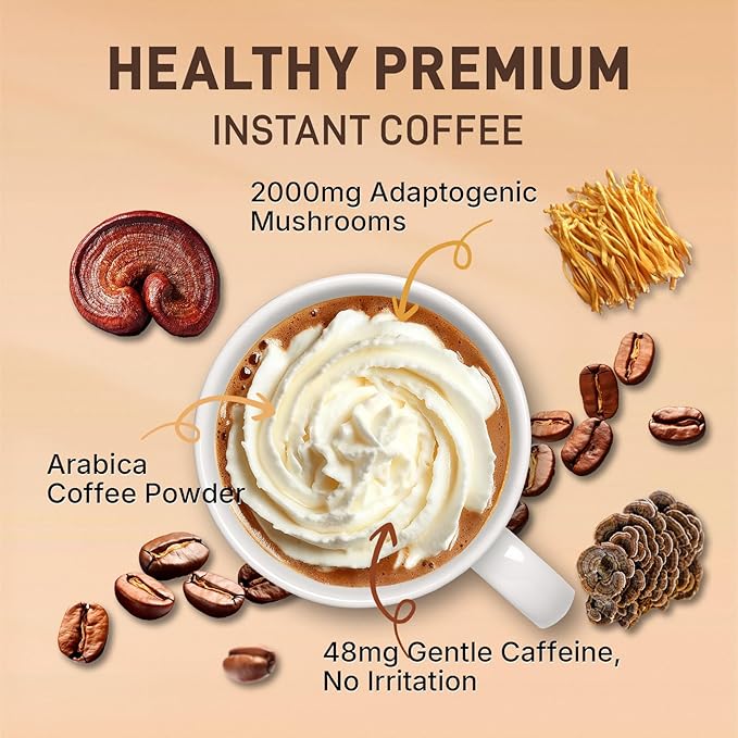 Mushroom Coffee, 60 Servings, Arabica Instant Coffee with 6 Adaptogenic Mushrooms (Lion’s Mane, Cordyceps, Turkey Tail & Other), Medium Roast Immune Boosting Coffee for Focus & Gut Health Support