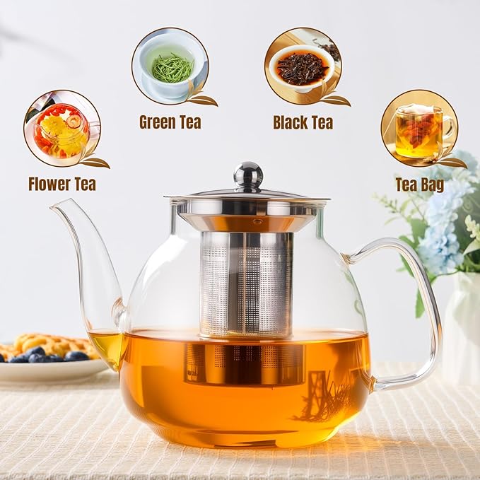 PARACITY Glass Teapot Stovetop 50 OZ/1500ml, Tea pot with Removable 18/8 Stainless Steel Infuser, Borosilicate Clear Tea Kettle, Teapot Blooming and Loose Leaf Tea Maker Tea Brewer for Camping, Travel