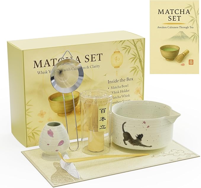 Complete 8-Piece matcha set – Cute Cat Print matcha bowl and whisk, Bamboo Accessories & Premium matcha tools for Home Tea Rituals, Mindful Gift for Tea Lovers