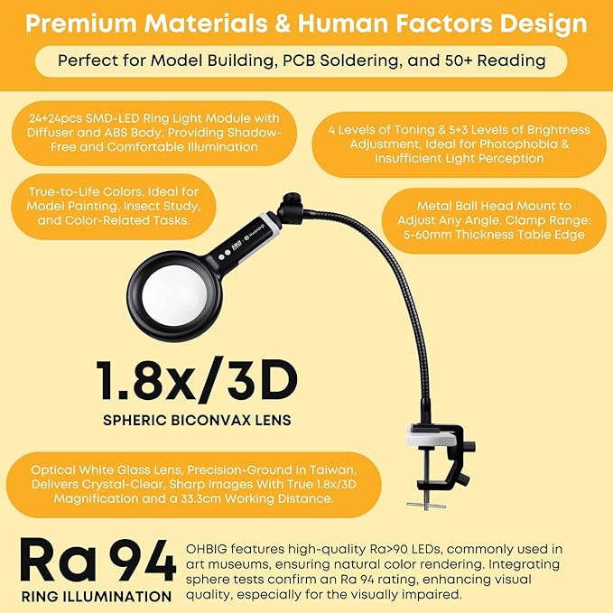 HWATANG OHBIG x MADWORKS 1.8x/3D/100mm Dimming Toning LED Magnifying Glass - K9 White Glass, Model Assembly, Soldering, Ra 94 Ring Light, 50+ Seniors Reading Magnifier (w/Desk Clamp Kit)