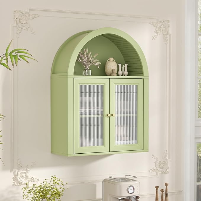 Arched Bathroom Cabinet, Wall Mounted Bathroom Cabinet with Tempered Glass Doors and Adjustable Shelf, for Kitchen, Living Room, Laundry Room, Restroom, Green