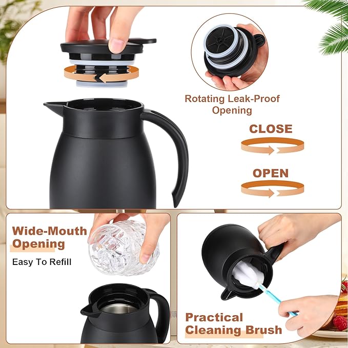 Uiifan 2 Pcs 17 Oz Thermal Coffee Carafe Stainless Steel Insulated Vacuum Coffee Carafes Double Walled Vacuum Thermal Pot Flask with Brushes for Keeping Cold Hot Tea Water Milk Home Office (Black)