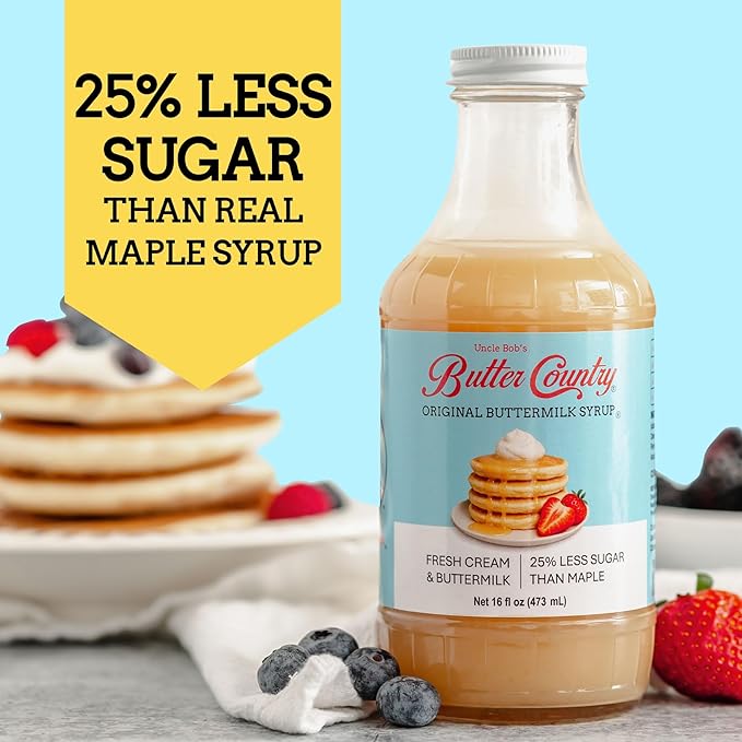 Uncle Bob's Butter Country Original Buttermilk Syrup for Pancakes and Waffles, Less Sugar, No Corn Syrup, Gluten Free, Made without Artificial Flavors, 16 fl oz Bottle/2 Pack