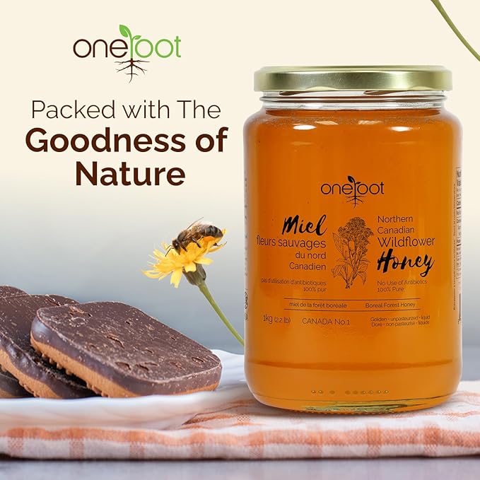 OneRoot Natural Wildflower Honey - 2.2 lbs / 1kg, Pure Canadian Boreal Forest Honey - Unpasteurized, Minimally Filtered & Single-Source - Rich in Enzymes & Antioxidants