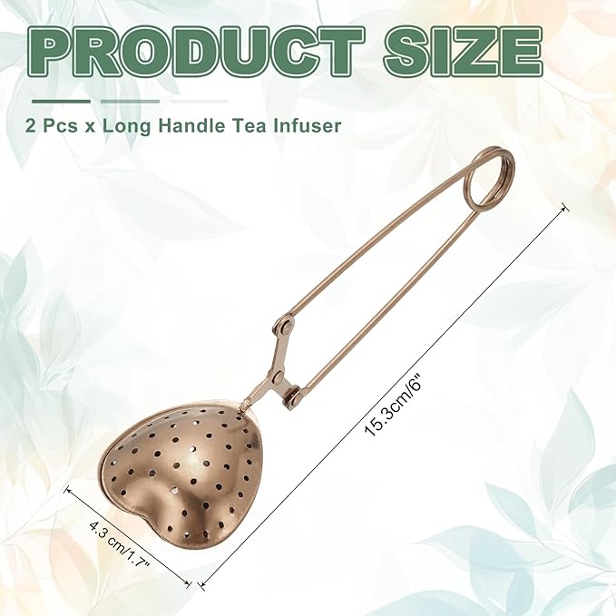 uxcell 2 Pcs Tea Infuser, Stainless Steel Loose Leaf Tea Infuser Filter for Cup and Teapot, Long Handle Tea Steeper Strainers for Tearoom Office Home, Heart Shaped Rose Gold