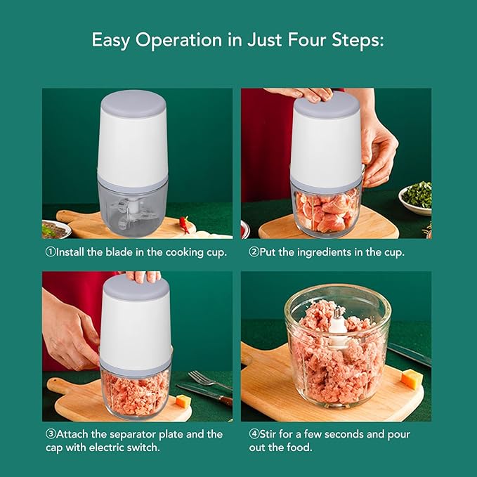 300ML Mini Food Processor, Cordless Electric Food Chopper for Vegetables Fruits Meat, Baby Food Preparer Includes Blade, Container and Charging Cable (Blanco)