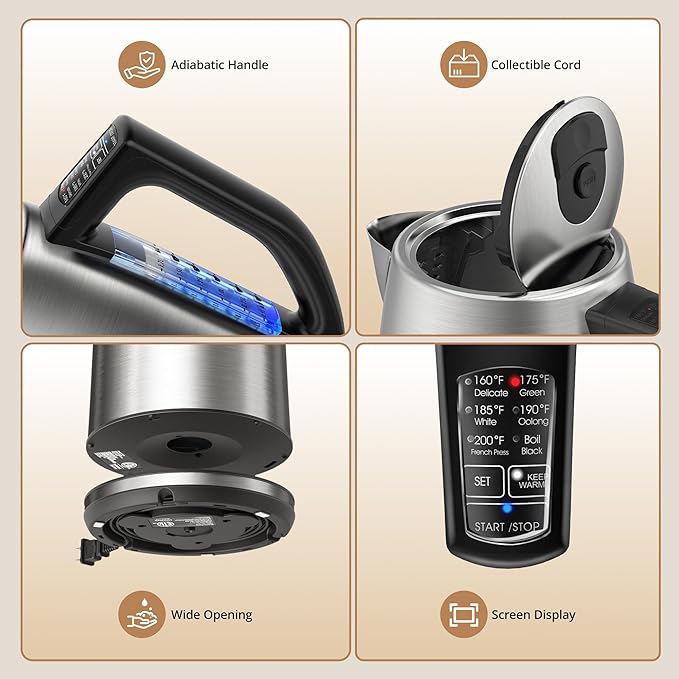 Electric Kettle Temperature Control, 1.7L Stainless Steel Tea Pot, Hot Water Boiler with LED Light,1500 Watts for Fast Heat Up, Strix Thermostat, Auto Shut-Off, Boil-Dry Protection, Keeping Warm
