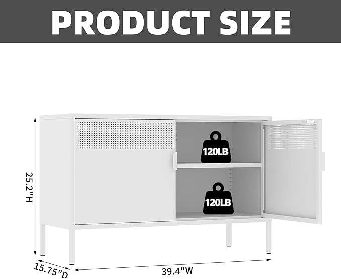 Metal Storage Cabinet,2 Door TV Stand, Metal Mesh Accent Cabinet,Magnetic Door Closure,Low Storage Cabinets with Doors and Shelf for Home,Office,Living Room