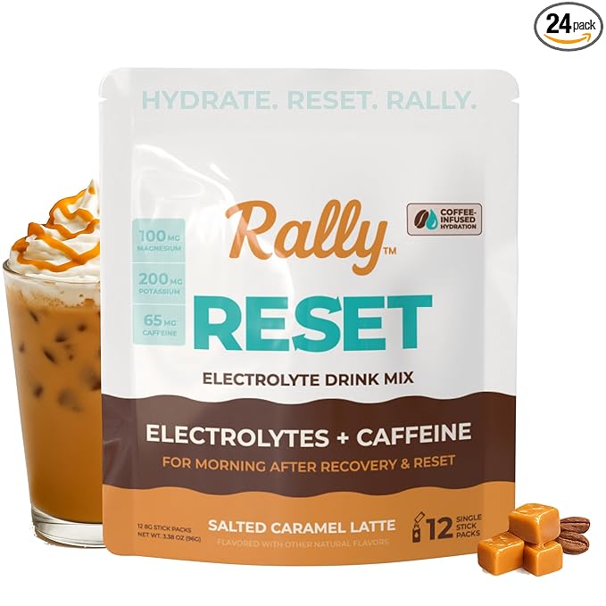 Rally Reset Instant Coffee Packets – Salted Caramel Latte Mix with MCT Oil, Caffeine, Vitamin B12 & Vitamin C – Functional Single-Serve Coffee Sticks, Low Sugar | 24 Sticks