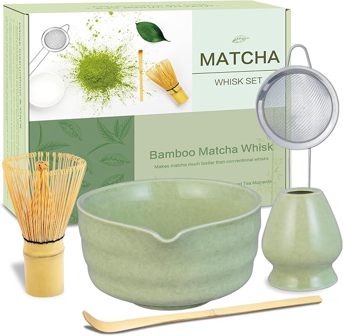 Matcha Whisk Set, Premium Ceramic Bowl with Spout, Bamboo Whisk, Chasen Holder, Sifter, Scoop, Complete Tea Making Kit for Matcha Lovers Christmas, Beginner Starter Set Matcha Tea Gift Green