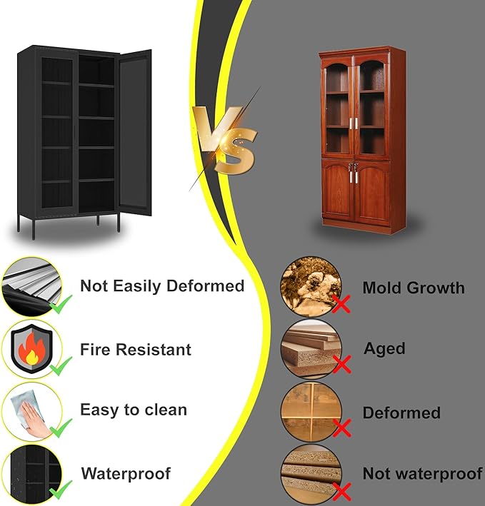 Metal Storage Cabinet,72H Display Cabinets with Adjustable Shelves and 2 Mesh Door,Pantry Organizers and Storage, Black Storage Cabinet for Home,Office,Garage,Bathroom