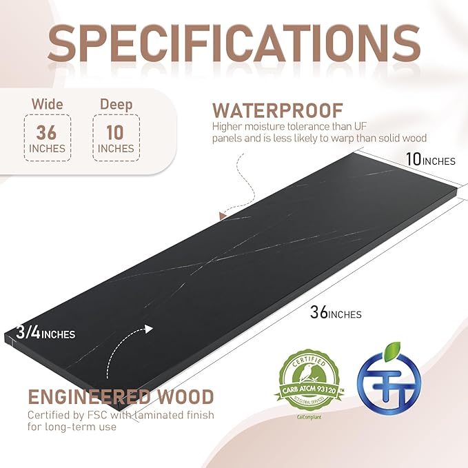 Kaboon 36 inch Long 10 inch Deep Floating Shelves for Wall Set of 2, Large Open Shelves Wall Mounted, Space Saving Home and Commercial Use, Cloud Atlas/Black Marble
