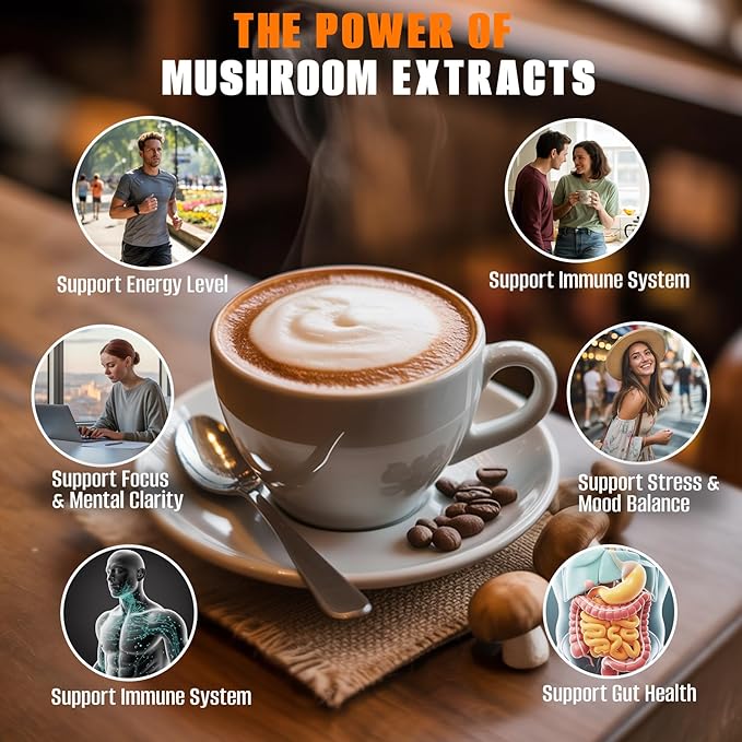 10 in 1 Mushrooms Coffee(Lion's Mane, Cordyceps, Turkey Tail & Other) Ashwagandha Magnesium Multivitamins, 2000mg Mushroom Instant Coffee Powder for Energy, Digestion, Immune Support, 30 Servings