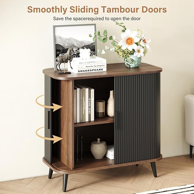 Accent Cabinet with Sliding Doors - Black Sideboard Buffet Cabinet with Storage for Coffee Bar, Console Table - MCM Design Bar Cabinets for Modern Home Décor
