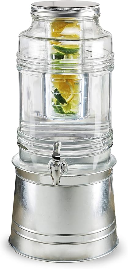 Style Setter Glass Drink Dispenser for Parties - 2.4 Gallon Large Capacity Beverage Dispenser - Easy Assembling with Leakproof Spigot - Fruit Infuser for Best Taste - Galvanized Base Water Dispenser