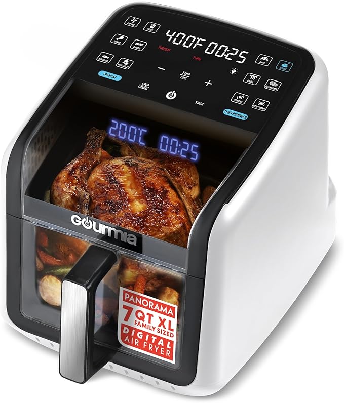Gourmia Air Fryer 7 QT - Easy View Panoramic Window & Interior Light, Guided Cooking with 12 One-Touch Presets, FryForce 360, Dishwasher Safe Accessories, White