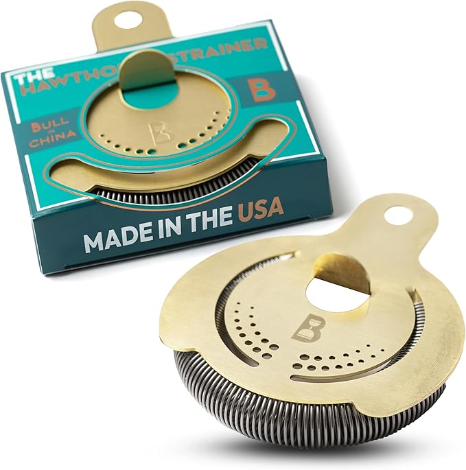 Hawthorne Strainer by Bull in China In Gold (100% Brass) - Made In USA - High Density Spring Cocktail Strainer for Boston Shakers and Mixing Glasses for Bars & Bartenders