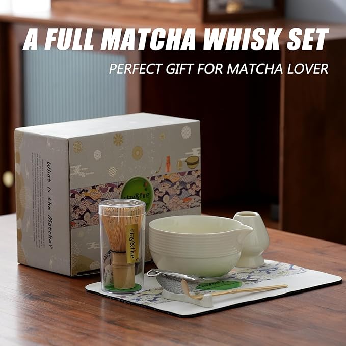 Clay&Fire Matcha Whisk Set, Ceramic Matcha Set, Matcha Bowl with Spout and Whisk,9 pcs Matcha Tea Kit for Matcha Lovers, Ideal Gift Christmas, Birthday（Beige）