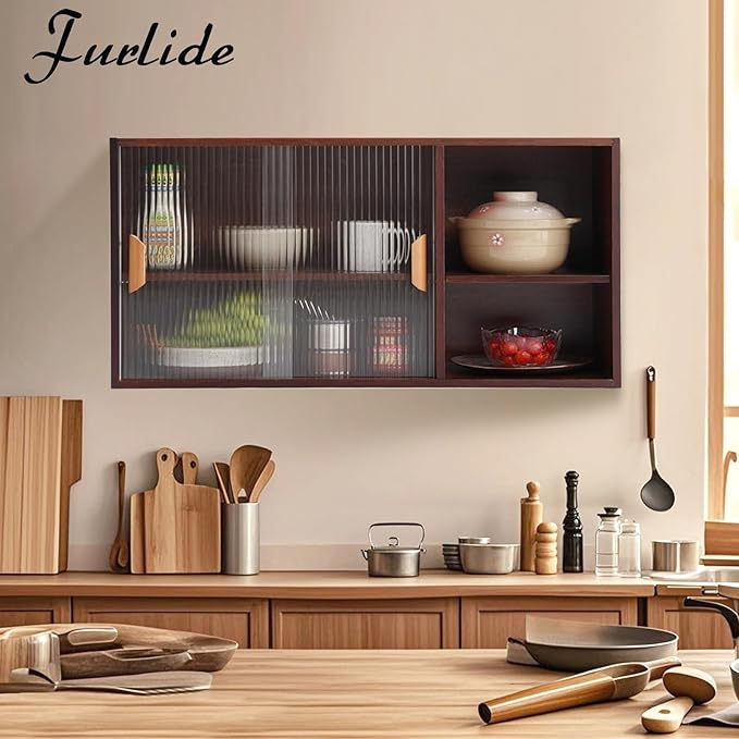 Wall Mounted Bamboo Countertop Storage Cabinet with Glass Door, Hanging Kitchen Cupboard with Adjustable Shelves, Small Pantry Sideboard for Dining Room, Bathroom, Walnut