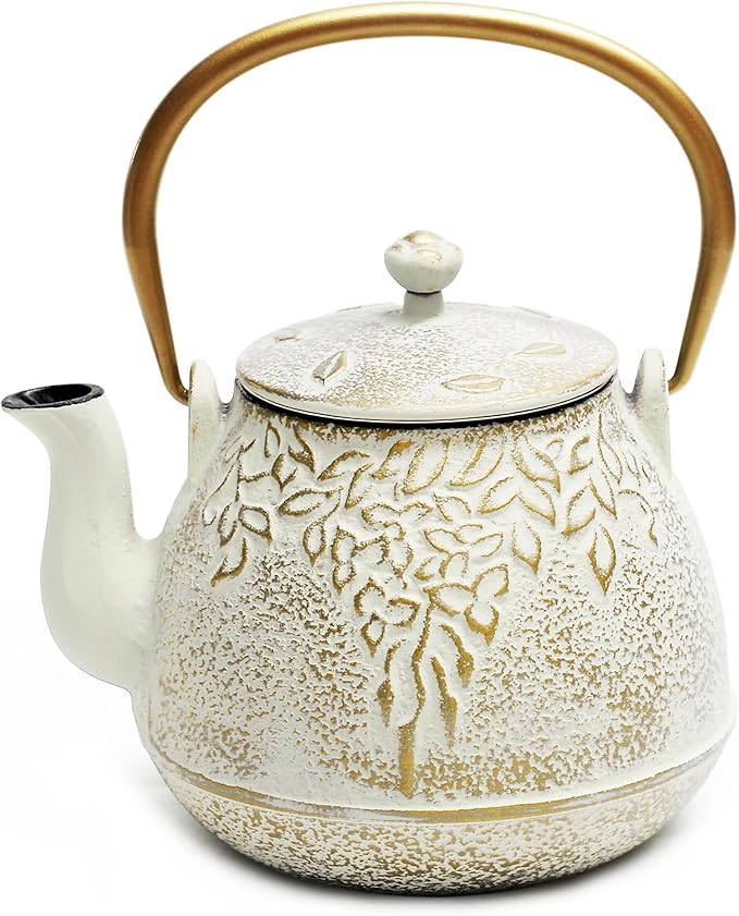 Tea Kettle, TOPTIER Japanese Cast Iron Teapot with Infuser for Loose Leaf and Tea Bags, Stovetop Safe Cast Iron Tea Kettle Coated with Enameled Interior for 40 oz (1200 ml), Creamy White