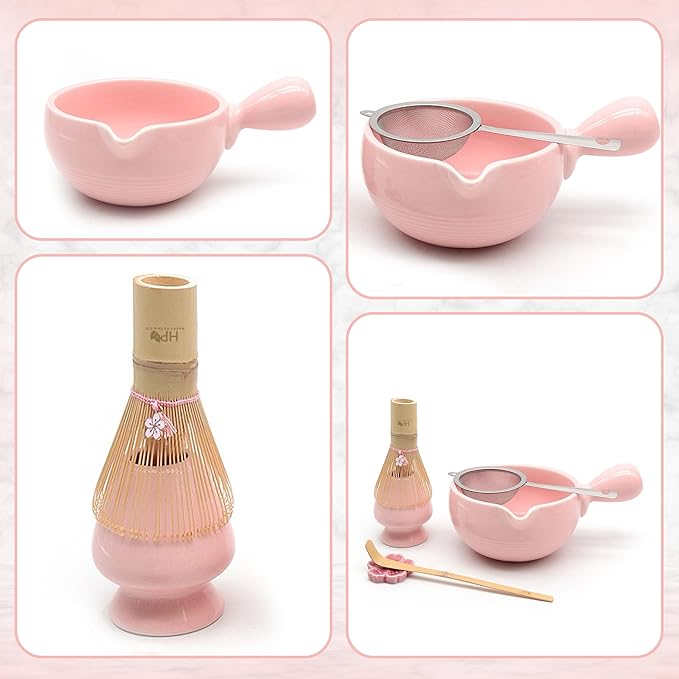 HAPPY PATH & CO Matcha Whisk Set | 6 Pcs Matcha Tea Set Includes Bamboo Whisk(Chasen) with Holder & Bowl with Spout, Sifter, Scoop & Stand - Perfect Matcha Kit Set for Matcha Lovers (Pink Blossom)