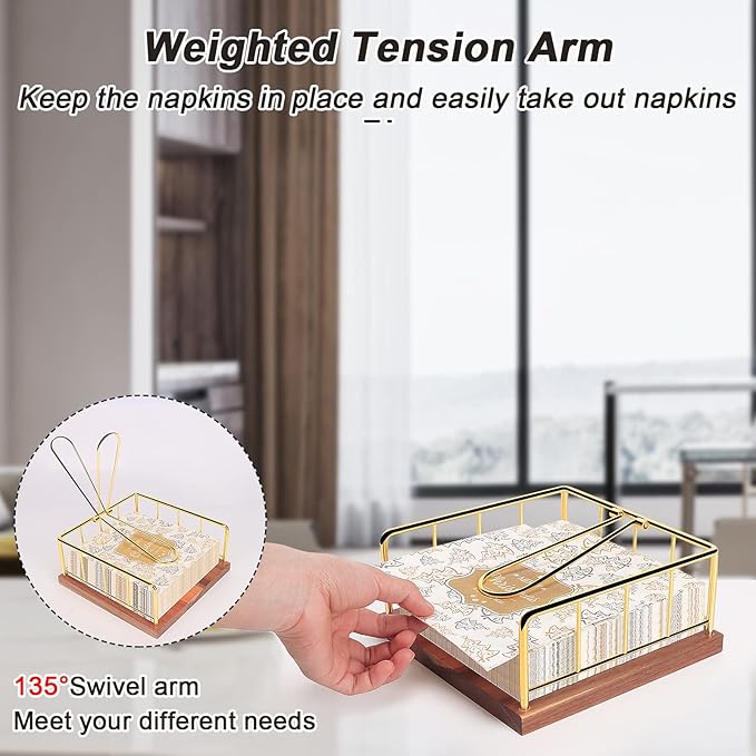 Livabber Flat Napkin Holder, Metal Kitchen Napkin Storage with Weighted Tension Arm Rustic Tissue Paper Dispenser for Countertop, Table Kitchen, Dining Room (With Wooden Base, Gold)