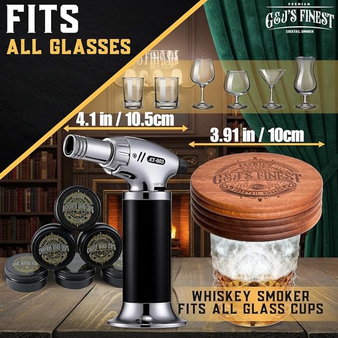 Whiskey Smoker Kit | Cocktail Smoker Kit| Bourbon Smoker Kit| Old Fashioned Smoker Kit with 3-Flame Torch, 6 Wood Chips & Gift Box for Smoking Drinks| Whiskey Gift for Men (No Butane Incl.)