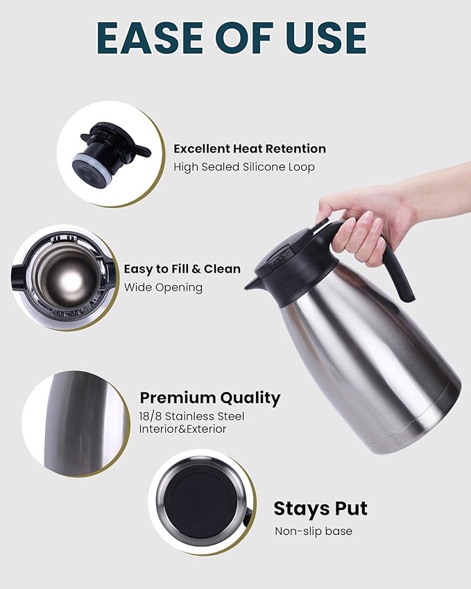 GiNT 74Oz Thermal Coffee Carafe, Insulated Stainless Steel Coffee Carafes for Keeping Hot/Double Walled Vacuum Thermal Carafe (Silver, 2.2L)