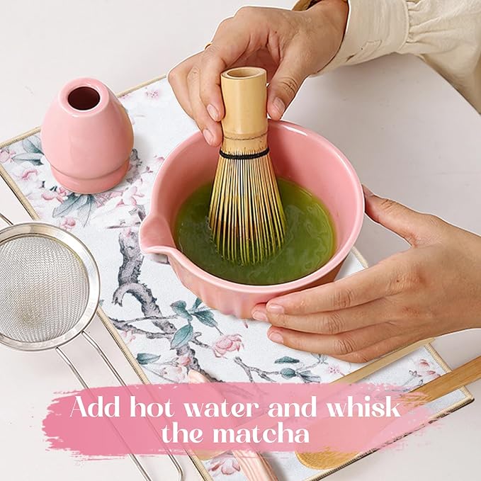 Matcha Whisk Set, 8 Pcs Matcha Kit Includes Matcha Bowl with Spout, Bamboo Whisk, Ceramic Holder, Bamboo Scoop x2, Scoop Rest, Stainless Sifter and Tea Towel, Gift for Matcha Lover (Pink)