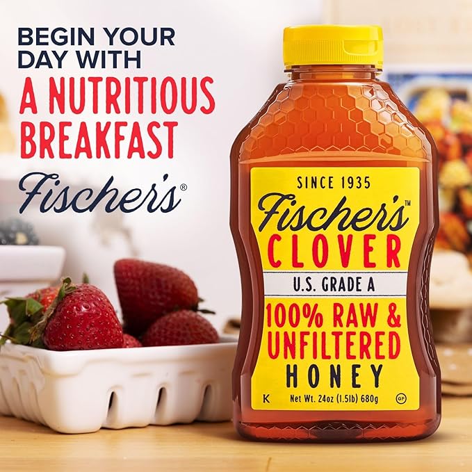 Fischer's 100% Pure Clover Honey – Unfiltered Raw Honey, 24 oz Squeeze Bottle – All-Natural Sweetener – Rich Flavor Profile, Packed with Nutrients