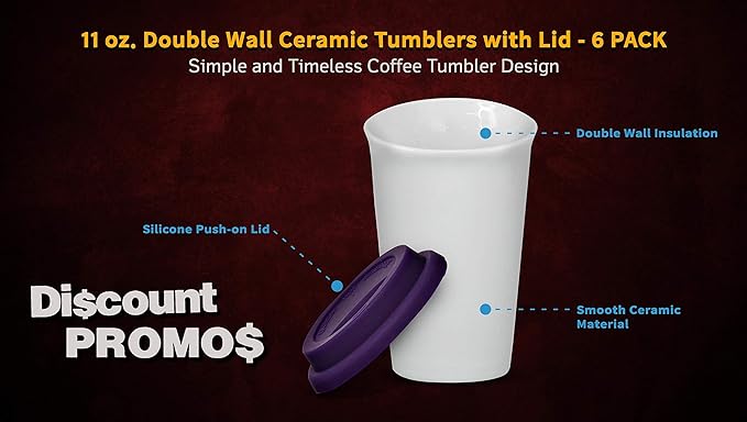 DISCOUNT PROMOS 11 oz. Double Wall Ceramic Tumblers with Lid - 6 Pack - Purple