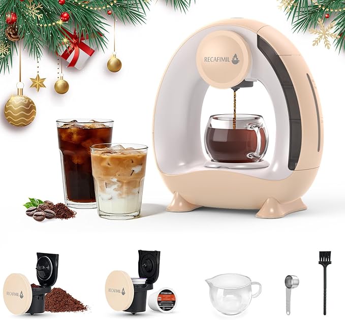 Single Serve Coffee Maker For K Cup Pod and Coffee Grounds /Tea, Fast Brew in 2 minutes, 2 IN 1 One Button Coffee Machine 4-8 Oz Brew Sizes, Stylish＆Compact For Home, Office, RV and Dorm, Champagne