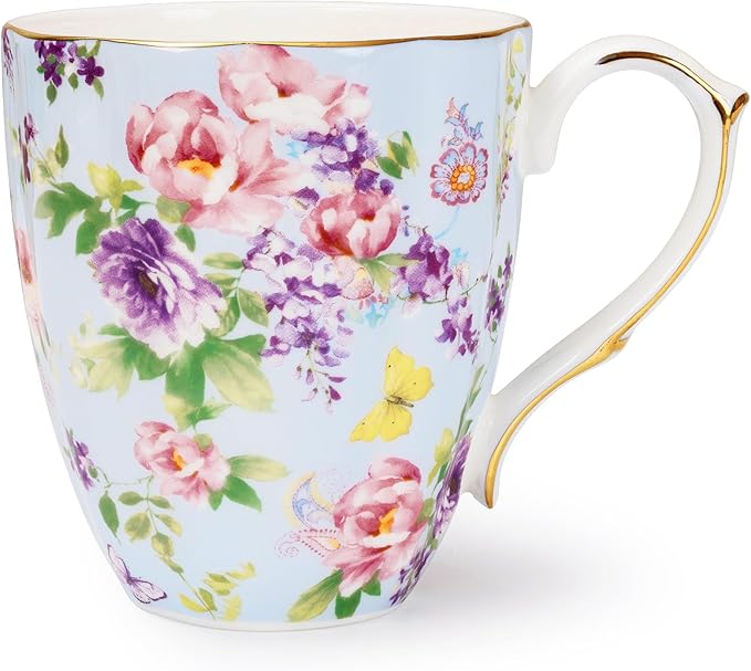 13oz Bone China Floral Mug with Gold Bone China Coffee Mugs Bone Teacup Christmas Mugs Birthday Gifts for Women Mom Friends Coworker