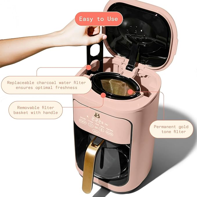 Beautiful 14-Cup Programmable Drip Coffee Maker with Touch Display - Automatic Coffee Machine with Timer for Home & Office - by Drew Barrymore (Rose)