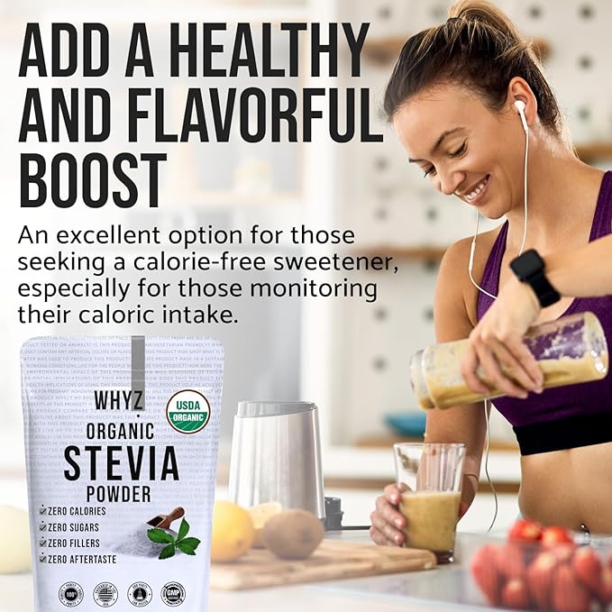 WHYZ Organic Stevia Powder, 1621 Servings, Premium Zero Calorie Sweetener - Powdered Pure Stevia Extract, Natural Sweetener Powder for Baking - No Aftertaste, Non-GMO, Keto Friendly- 8 oz