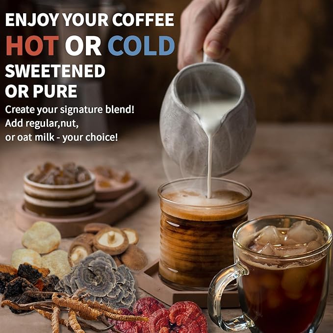 Seminhoof Instant Mushroom Coffee Powder Extract with Chaga,Lions Mane Turkey Tail Shiitake Cordyceps Reishi for better Focus, Energy, Digestion and Immunity Weight Loss Arabica Bean 20 Servings