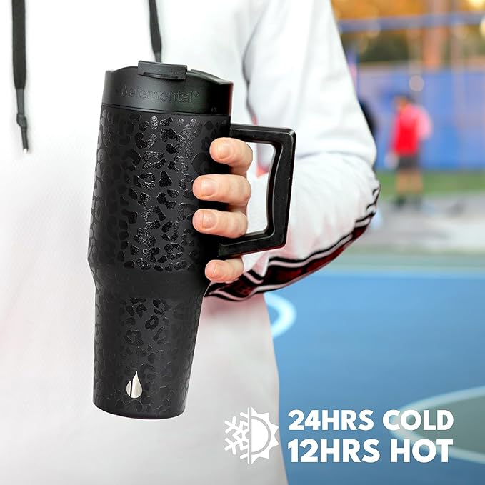 Elemental 32 oz 100% Leak Proof Tumbler with Handle & Straw - Stainless Steel Double Wall Insulated Tumbler for Hot and Cold Beverages - Travel Coffee Mug with Sip & Straw Lid - Black Leopard